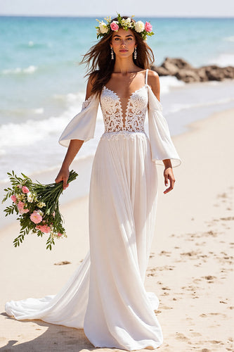White Chiffon Boho Cold Shoulder Sweep Train Wedding Dress with Sleeves