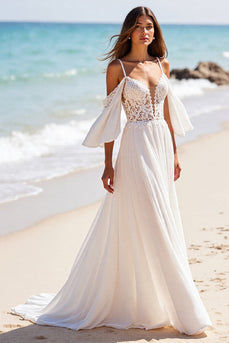 White Chiffon Boho Cold Shoulder Sweep Train Wedding Dress with Sleeves