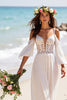 Load image into Gallery viewer, White Chiffon Boho Cold Shoulder Sweep Train Wedding Dress with Sleeves