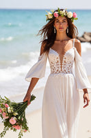 Load image into Gallery viewer, White Chiffon Boho Cold Shoulder Sweep Train Wedding Dress with Sleeves
