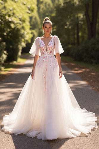 Floral White Half Sleeves Tulle Sweep Train Wedding Dress with Appliques
