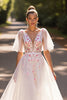 Load image into Gallery viewer, Floral White Half Sleeves Tulle Sweep Train Wedding Dress with Appliques