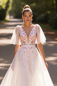 Floral White Half Sleeves Tulle Sweep Train Wedding Dress with Appliques
