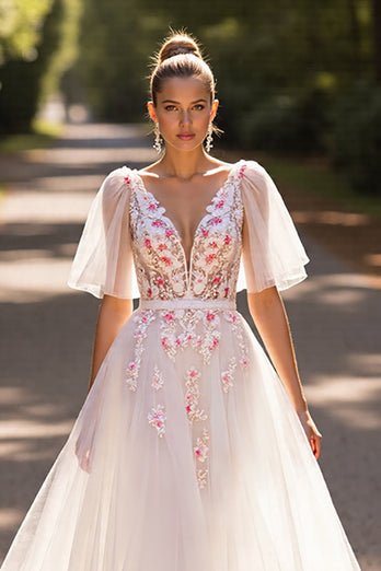 Floral White Half Sleeves Tulle Sweep Train Wedding Dress with Appliques