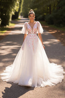 Load image into Gallery viewer, Floral White Half Sleeves Tulle Sweep Train Wedding Dress with Appliques