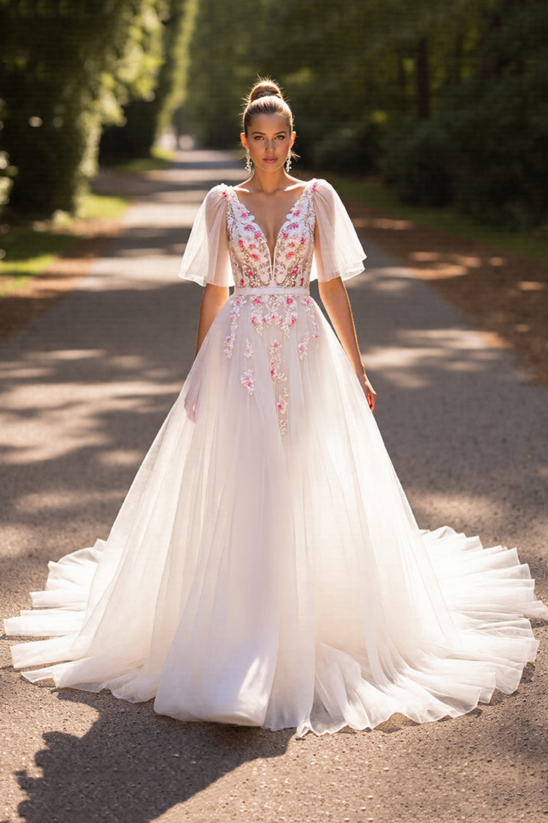 Load image into Gallery viewer, Floral White Half Sleeves Tulle Sweep Train Wedding Dress with Appliques