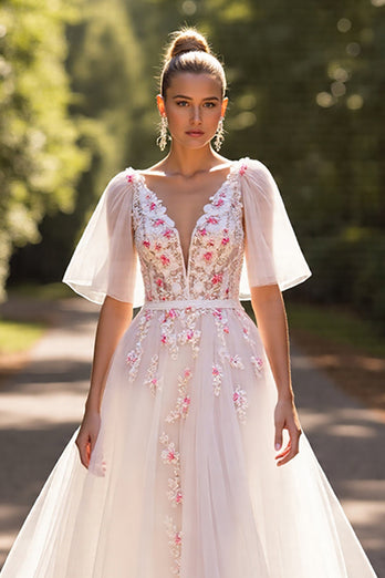 Floral White Half Sleeves Tulle Sweep Train Wedding Dress with Appliques