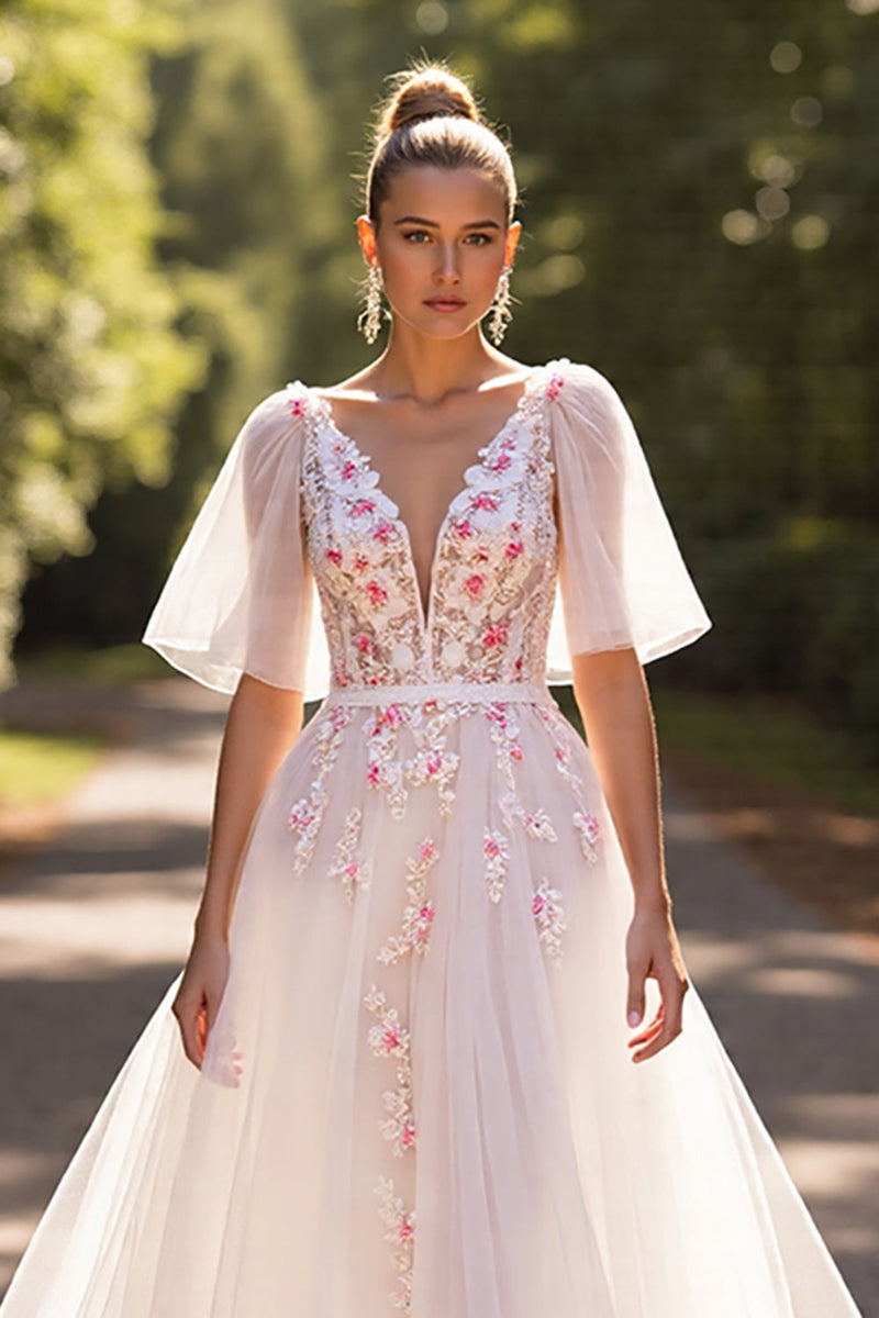 Load image into Gallery viewer, Floral White Half Sleeves Tulle Sweep Train Wedding Dress with Appliques