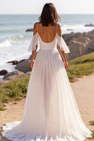 Load image into Gallery viewer, White Chiffon Boho Sweep Train Wedding Dress with Ruffles