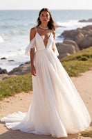 Load image into Gallery viewer, White Chiffon Boho Sweep Train Wedding Dress with Ruffles