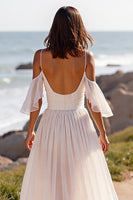 Load image into Gallery viewer, White Chiffon Boho Sweep Train Wedding Dress with Ruffles