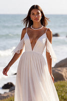 Load image into Gallery viewer, White Chiffon Boho Sweep Train Wedding Dress with Ruffles