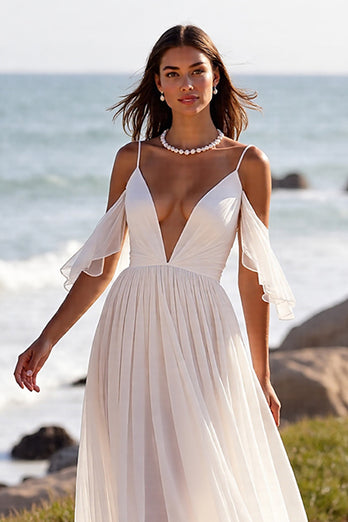 White Chiffon Boho Sweep Train Wedding Dress with Ruffles
