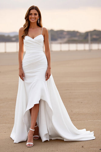 White Satin Ruched High-Low Sheath Wedding Dress