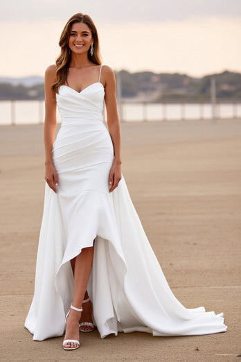 White Satin Ruched High-Low Sheath Wedding Dress