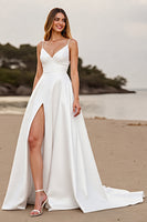Load image into Gallery viewer, Satin White Spaghetti Straps A Line Sweep Train Wedding Dress with Slit