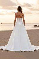 Load image into Gallery viewer, Satin White Spaghetti Straps A Line Sweep Train Wedding Dress with Slit