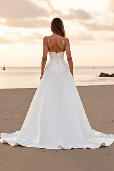 Satin White Spaghetti Straps A Line Sweep Train Wedding Dress with Slit