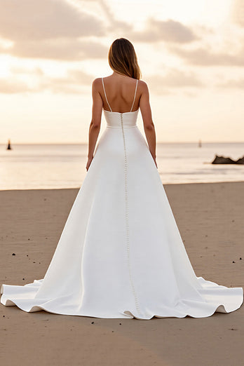 Satin White Spaghetti Straps A Line Sweep Train Wedding Dress with Slit