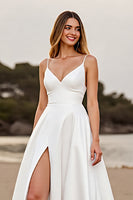 Load image into Gallery viewer, Satin White Spaghetti Straps A Line Sweep Train Wedding Dress with Slit