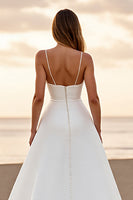 Load image into Gallery viewer, Satin White Spaghetti Straps A Line Sweep Train Wedding Dress with Slit