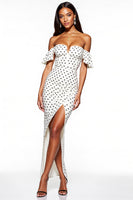 Load image into Gallery viewer, White and Black Sheath Off the Shoulder Maxi Polka Dot Dress with Slit