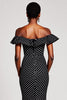 Load image into Gallery viewer, Black and White Mermaid Off the Shoulder Maxi Polka Dot Dress