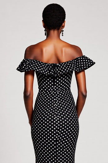 Black and White Mermaid Off the Shoulder Maxi Polka Dot Dress