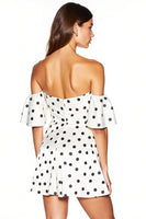 Load image into Gallery viewer, White and Black Off the Shoulder Tight Short Polka Dot Dress with Slit