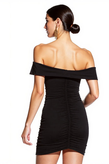 Black Ruched Off the Shoulder Tight Short Cocktail Dress