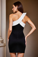 Load image into Gallery viewer, Black and White Patchwork Short Cocktail Dress with Bow