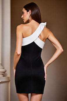 Black and White Patchwork Short Cocktail Dress with Bow