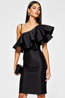 Load image into Gallery viewer, Black Tight One Shoulder Short Cocktail Dress with Ruffles