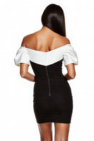 Load image into Gallery viewer, Black and White Patchwork Off the Shoulder Short Tight Cocktail Dress with Sleeves