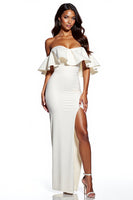 Load image into Gallery viewer, White Off the Shoulder Sheath Satin Maxi Formal Dress with Slit