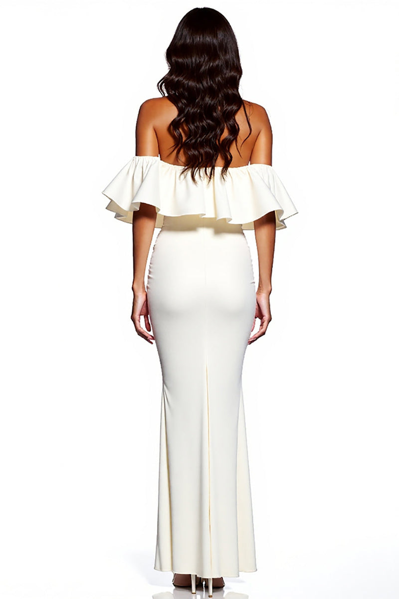 Load image into Gallery viewer, White Off the Shoulder Sheath Satin Maxi Formal Dress with Slit