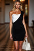 Load image into Gallery viewer, Black and White Patchwork One Shoulder Short Satin Tight Cocktail Dress