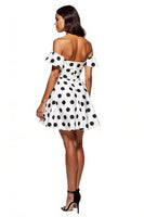 Load image into Gallery viewer, White and Black Off the Shoulder Short A Line Polka Dot Dress