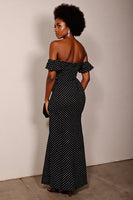 Load image into Gallery viewer, Black and White Sheath Off the Shoulder Maxi Polka Dot Dress with Slit