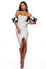 Load image into Gallery viewer, White and Black Floral Strapless Tight Midi Polka Dot Dress with Slit