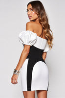 Load image into Gallery viewer, Black and White Patchwork Puff Sleeves Short Tight Cocktail Dress