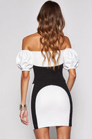 Load image into Gallery viewer, Black and White Patchwork Puff Sleeves Short Tight Cocktail Dress