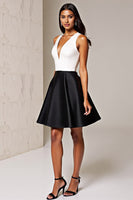 Load image into Gallery viewer, Simple Black and White Patchwork Deep V-Neck Short Satin Cocktail Dress