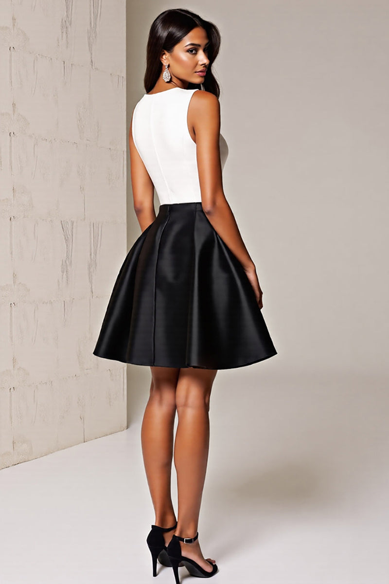 Load image into Gallery viewer, Simple Black and White Patchwork Deep V-Neck Short Satin Cocktail Dress