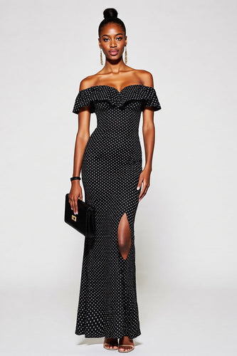 Black and White Off the Shoulder Maxi Mermaid Polka Dot Dress with Slit