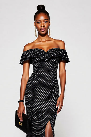 Black and White Off the Shoulder Maxi Mermaid Polka Dot Dress with Slit