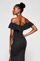 Load image into Gallery viewer, Black and White Off the Shoulder Maxi Mermaid Polka Dot Dress with Slit
