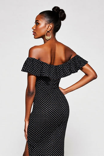 Black and White Off the Shoulder Maxi Mermaid Polka Dot Dress with Slit