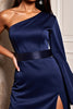 Load image into Gallery viewer, Navy Satin One Shoulder Tight Short Cocktail Dress with Sleeves