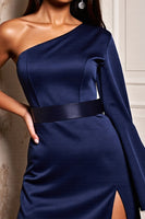 Load image into Gallery viewer, Navy Satin One Shoulder Tight Short Cocktail Dress with Sleeves